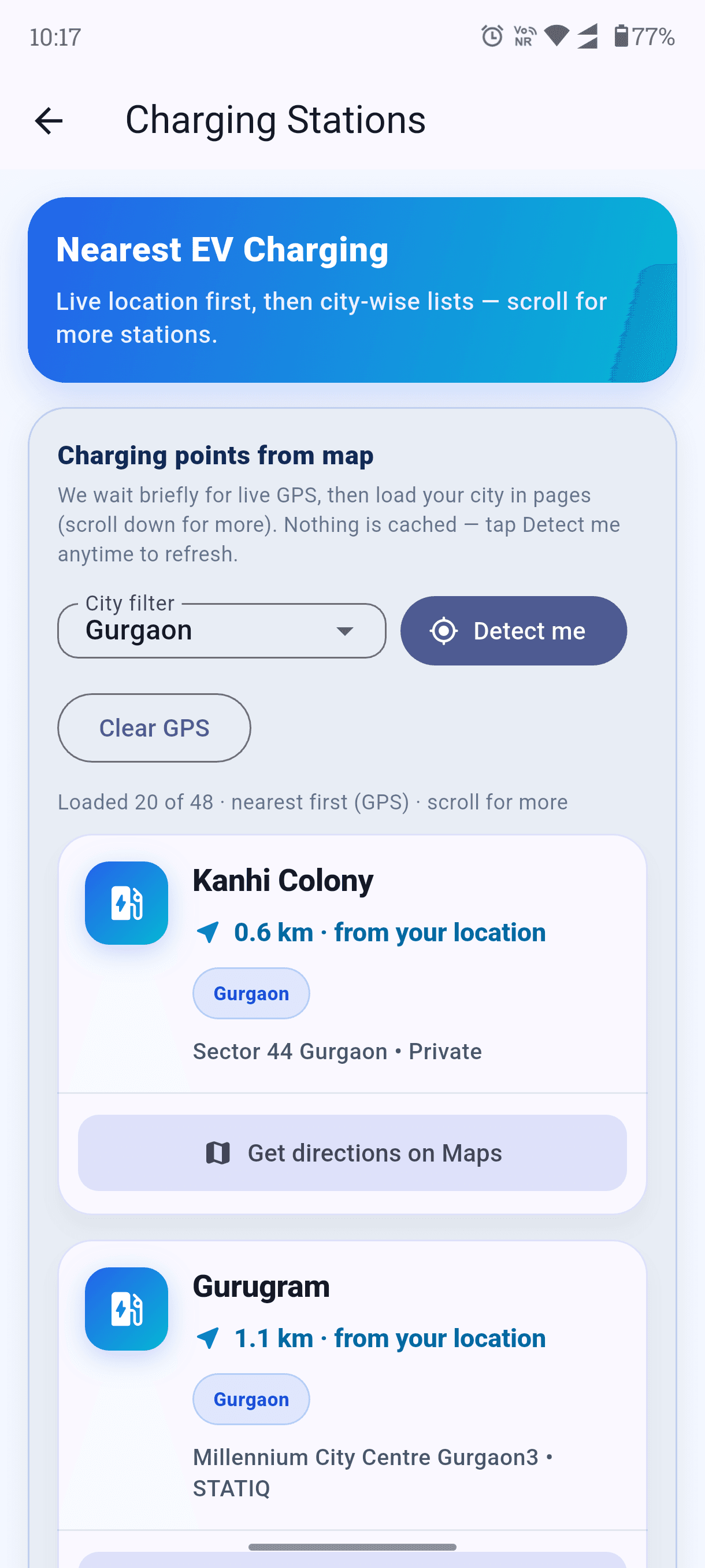 EV charging screen in Ride with Garv app