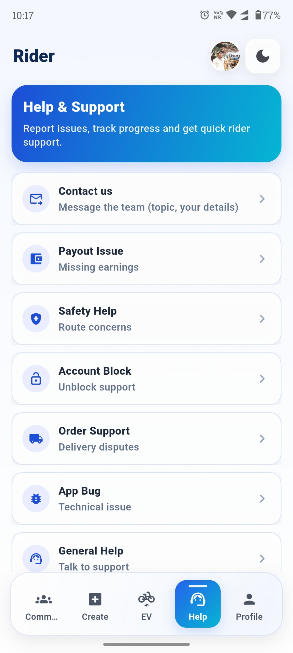 Help and support screen